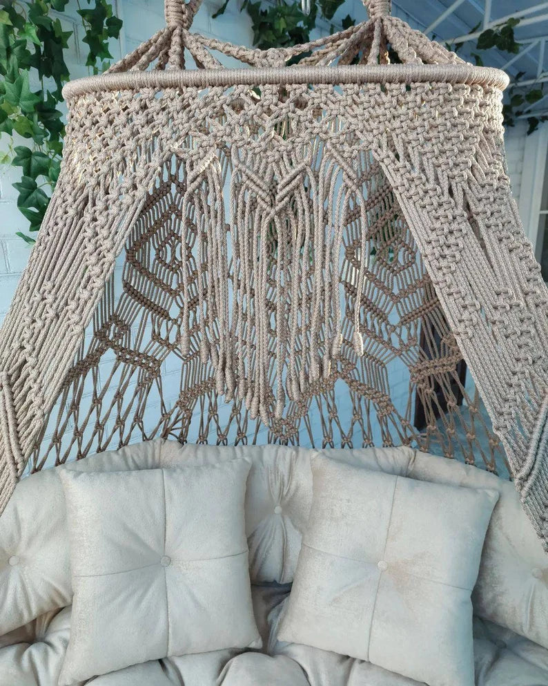 Brown Macrame Sofa Swing With Mattress And Cushions - Leechoo